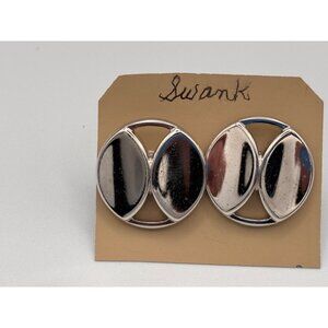 Vintage Swank Silver-Tone Oval Cufflinks Geometric Design For Men